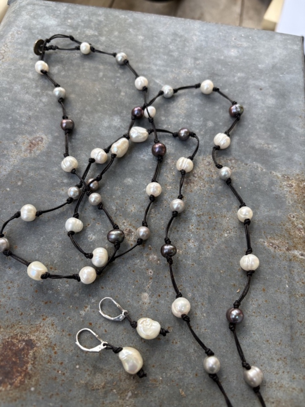 Long Multicolor Knotted Pearl Necklace 26" and Earrings Set